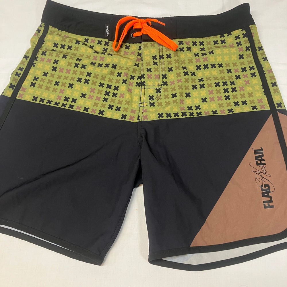 Flag Nor Fail Mens Board Shorts Black Green Cross Pattern Swim Trunks Size 33